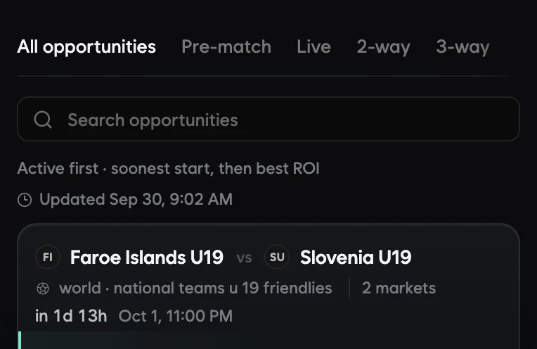 Filters for pre-match, live, 2-way and 3-way above a list ordered by the soonest start.