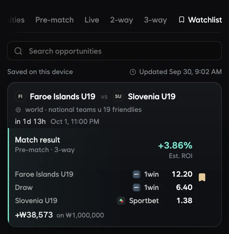 The watchlist, holding a saved game with its bookmark lit.